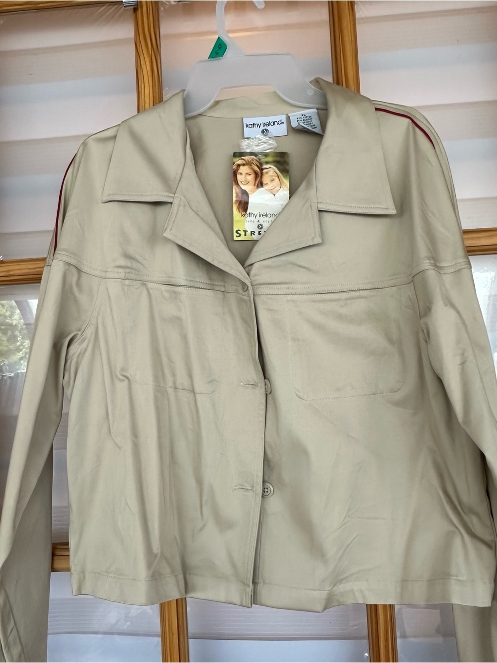 kathy ireland Cream Button-Front Jean Jacket with Red Accent